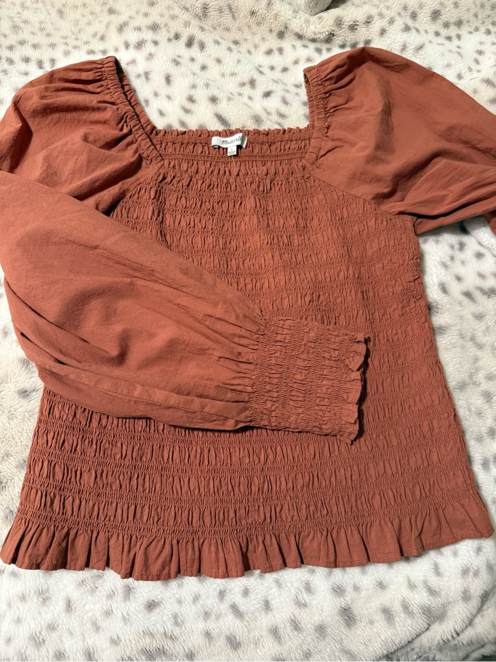 Madewell Terracotta Smocked Square-Neck Top